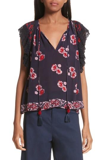 Women's Sea Print Ruffle Sleeve Top - Red