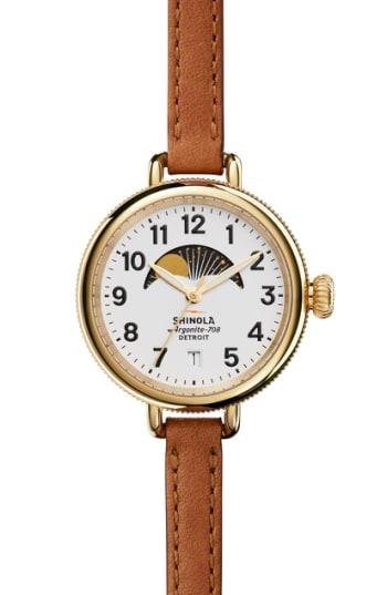 Women's Shinola The Birdy Moon Phase Leather Strap Watch, 34mm