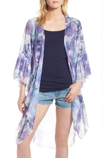 Women's Accessory Street Botanical Ruffle Sleeve Kimono, Size - Blue