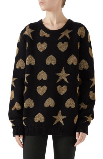 Women's Gucci Metallic Logo Wool Sweater - Black