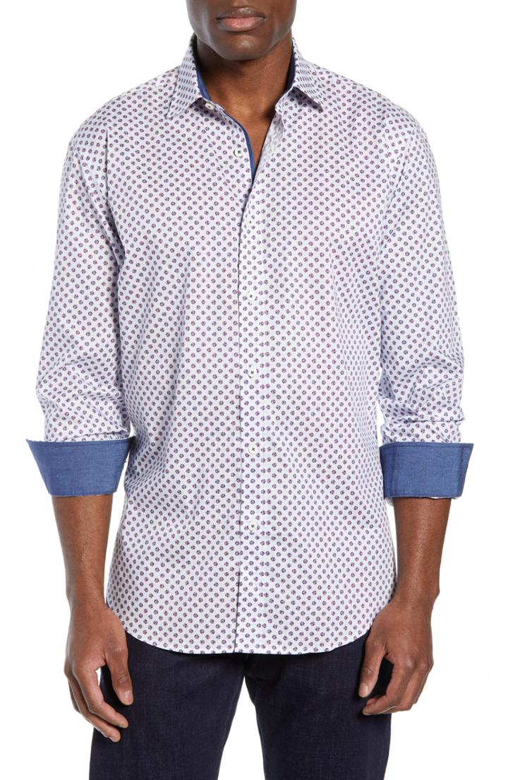 Men's Bugatchi Shaped Fit Pattern Sport Shirt, Size - Blue