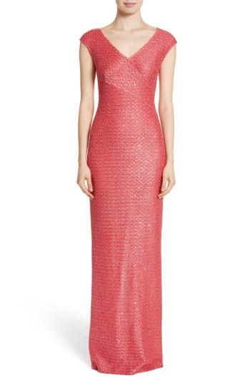 Women's St. John Evening Cap Sleeve V-neck Hansh Column Gown - Coral