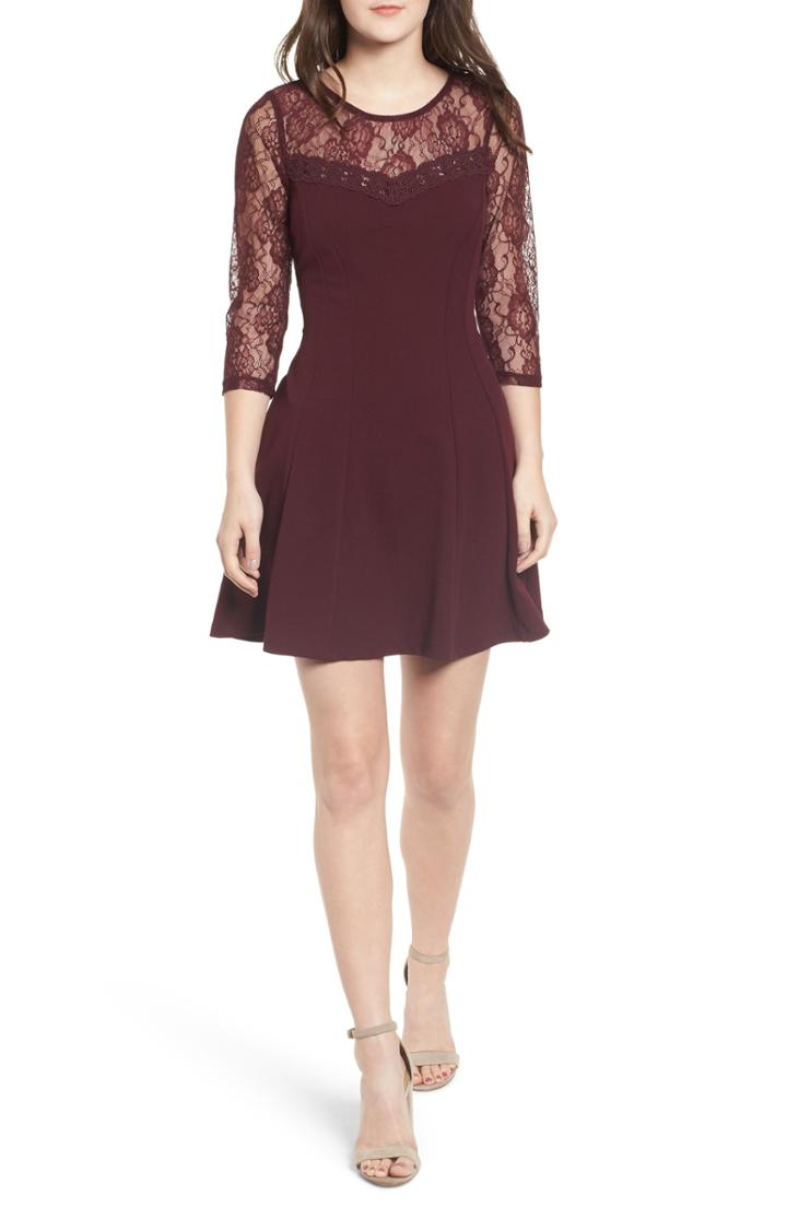 Women's Speechless Lace Neck Fit & Flare Dress - Burgundy