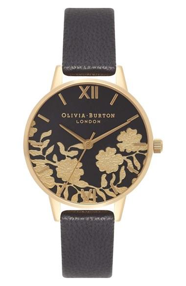 Women's Olivia Burton Lace Detail Leather Strap Watch, 30mm