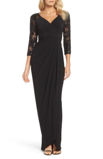 Women's Adrianna Papell Lace Sleeve Gathered Gown - Black