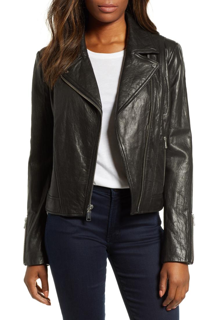 Women's Andrew Marc Washed Nappa Leather Moto Jacket