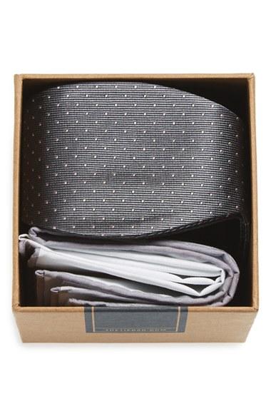 Men's The Tie Bar Dot Silk Bow Tie & Cotton Pocket Square Style Box, Size - Grey
