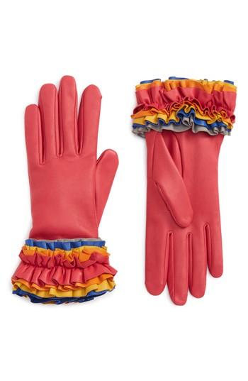 Women's Agnelle Ruffle Lambskin Leather Gloves - Pink