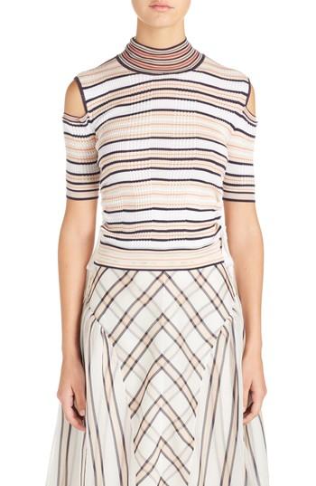 Women's Fendi Cold Shoulder Stripe Silk Blend Sweater Us / 36 It - White