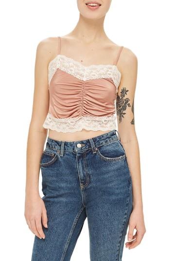 Women's Topshop Ruched Satin & Lace Camisole Us (fits Like 0) - Beige