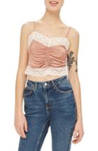 Women's Topshop Ruched Satin & Lace Camisole Us (fits Like 0) - Beige