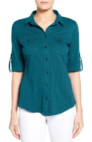 Women's Caslon Roll Sleeve Cotton Knit Shirt - Blue/green