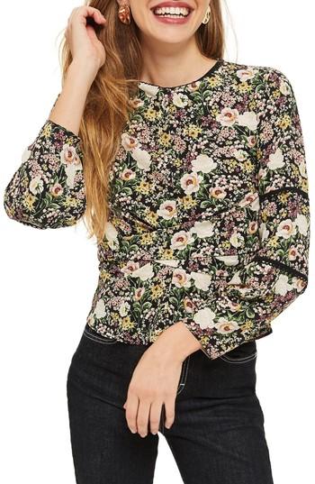 Women's Topshop Floral Twist Wrap Blouse Us (fits Like 0-2) - Black