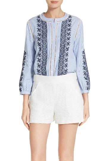 Women's Veronica Beard Claire Embroidered Stripe Cotton Top