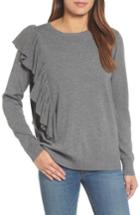 Women's Halogen Asymmetrical Ruffle Sweater, Size - Grey