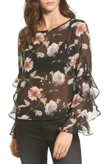 Women's Soprano Floral Print Sheer Top - Black