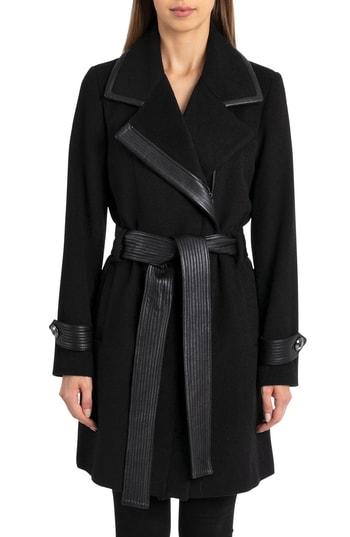 Women's Badgley Mischka Faux Leather Trim Wool Blend Coat - Black