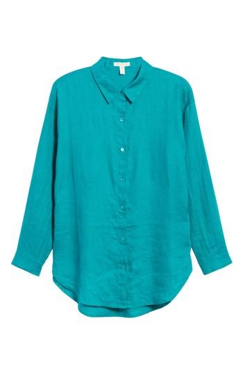 Petite Women's Eileen Fisher Classic Collar Linen Shirt P - Blue/green