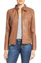Women's Bernardo Zip Front Leather Biker Jacket - Brown