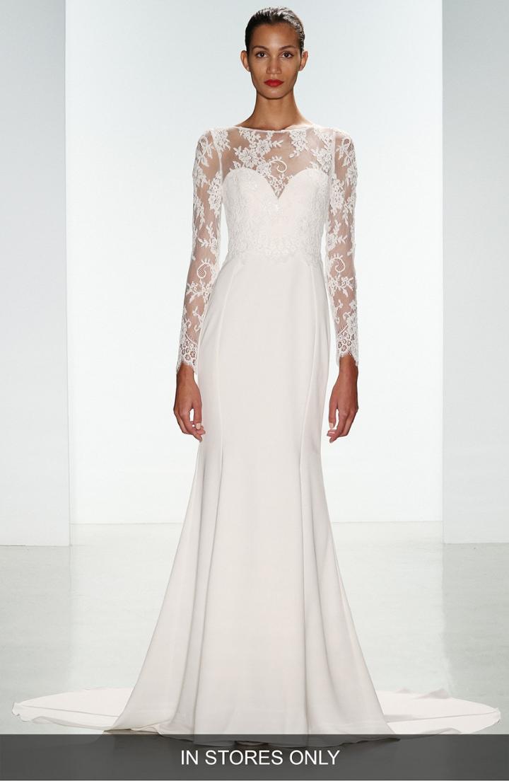 Women's Nouvelle Amsale Noelle Long Sleeve Lace & Crepe Gown, Size In Store Only - White