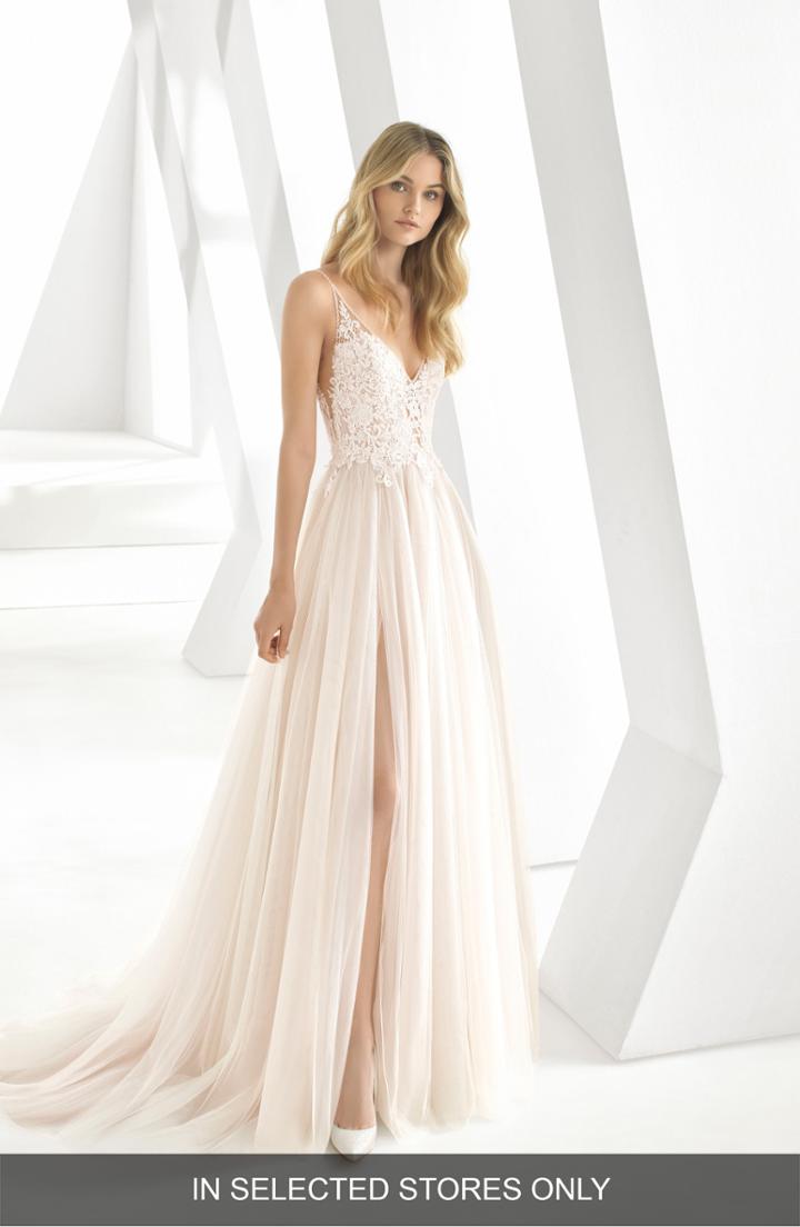 Women's Rosa Clara Donata Front Slit Lace & Tulle Wedding Gown, Size - Pink