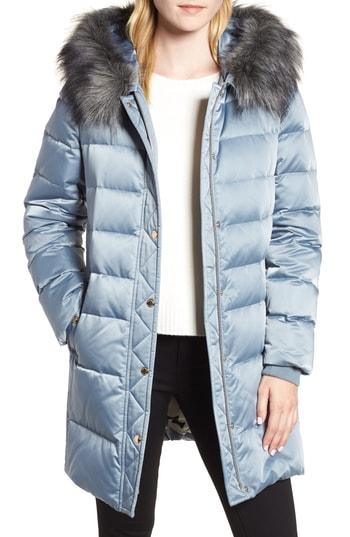 Women's Kate Spade New York Down & Feather Faux Fur Trim Coat - Blue