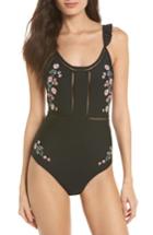 Women's Topshop Floral Frill Embroidered One-piece Swimsuit Us (fits Like 0) - Black