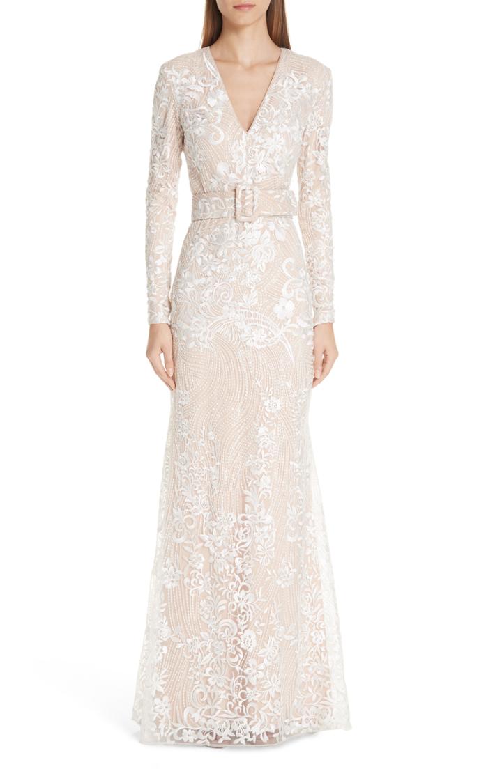 Women's Badgley Mischka Platinum Embroidered Belted Gown