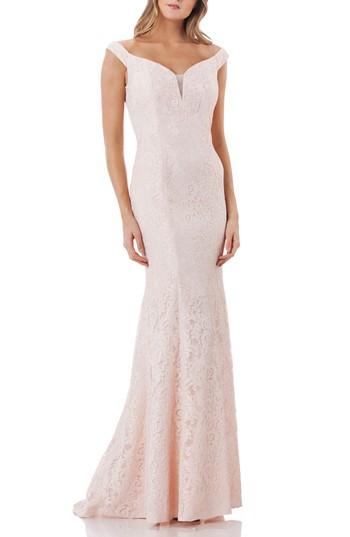 Women's Carmen Marc Valvo Infusion Lace Trumpet Gown - Beige