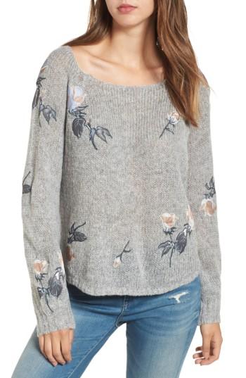 Women's Woven Heart Embroidered Crop Sweater - Grey