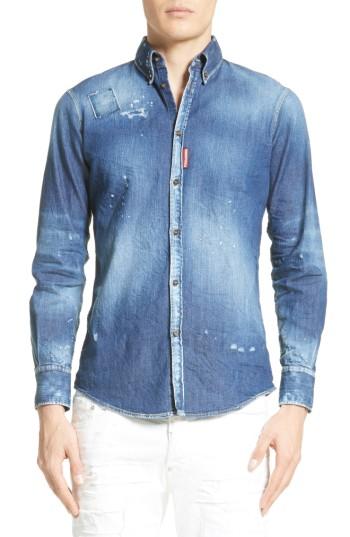 Men's Dsquared2 Extra Trim Fit Distressed Denim Sport Shirt