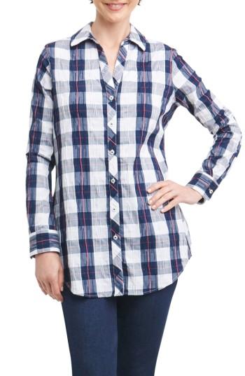 Petite Women's Foxcroft Fay Crinkle Plaid Stretch Cotton Blend Tunic Shirt P - Blue