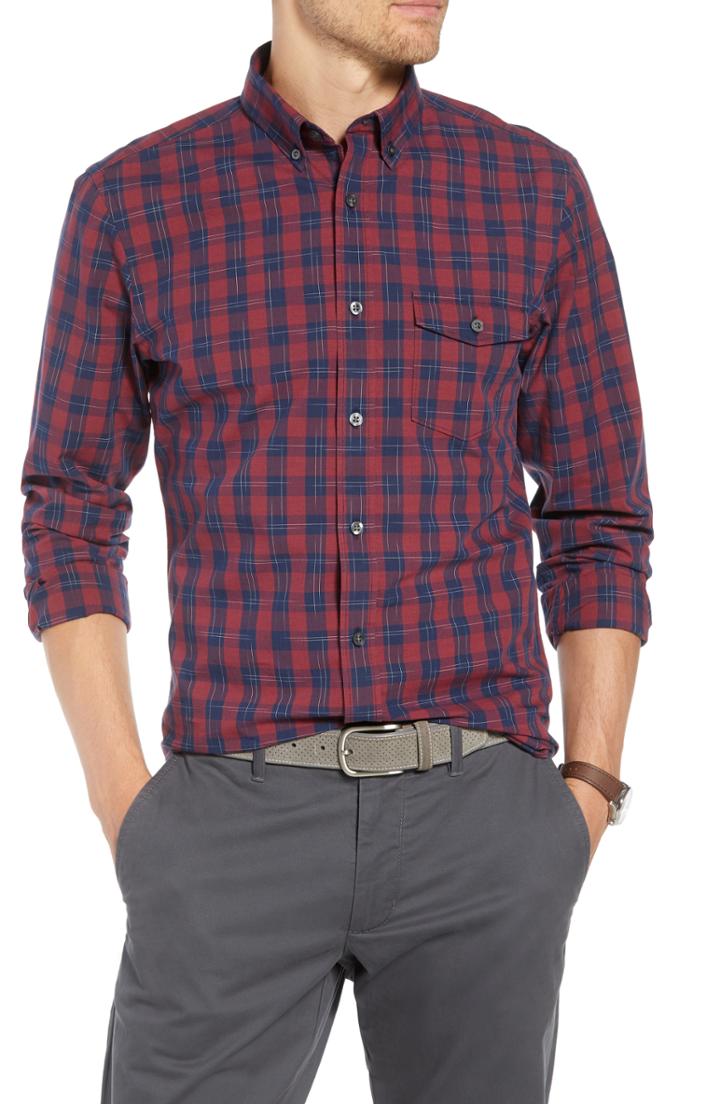 Men's 1901 Ivy Trim Fit Check Sport Shirt, Size - Red