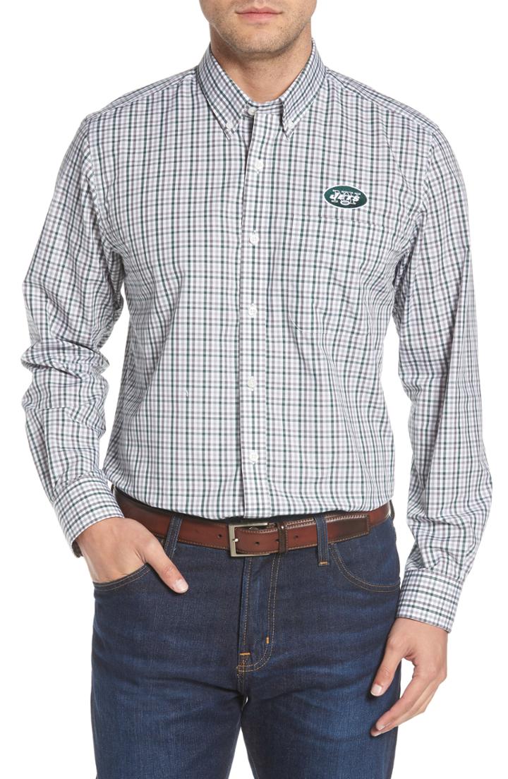Men's Cutter & Buck New York Jets - Gilman Regular Fit Plaid Sport Shirt, Size - Green