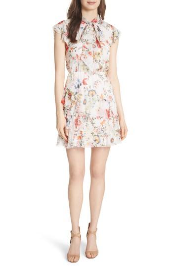 Women's Alice + Olivia Lessie Ruffled Floral Silk Dress - White
