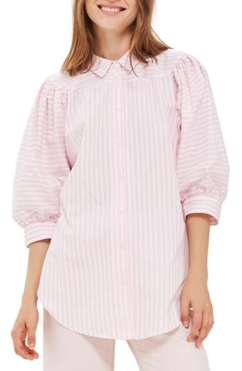 Women's Topshop Stripe Puff Sleeve Shirt Us (fits Like 0) - Pink