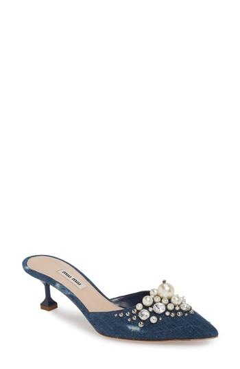 Women's Miu Miu Embellished Pointy Toe Mule .5us / 35.5eu - Blue