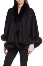 Women's Sofia Cashmere Petite Genuine Fox Fur Trim Cashmere Cape, Size - Black