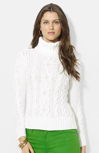Lauren Ralph Lauren Cable Knit Cotton Blend Turtleneck Sweater White