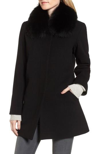 Women's Sofia Cashmere Wool & Cashmere Car Coat With Genuine Fox Fur Club Collar - Black