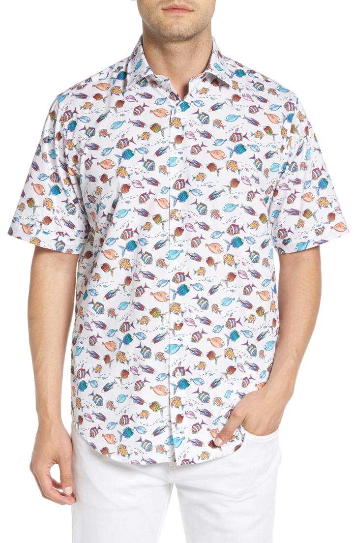 Men's Bugatchi Classic Fit Fish Print Sport Shirt, Size - Blue/green