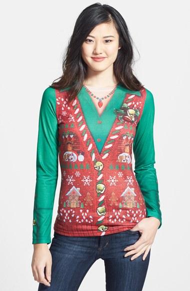 Women's Faux Real 'ugly Christmas Vest' Long Sleeve T-shirt