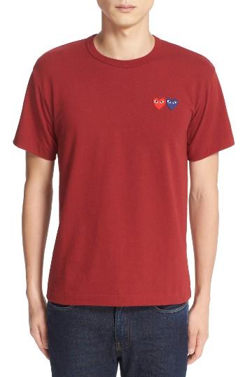 Men's Comme Des Garcons Play Twin Hearts Jersey T-shirt - Burgundy