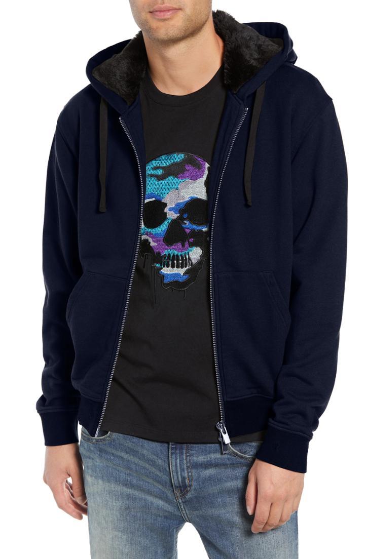 Men's The Kooples Destroyed Regular Fit Zip Hoodie With Faux Fur Trim - Blue