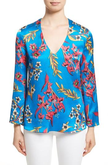 Women's Etro Jungle Floral Print Silk Blouse Us / 40 It - Blue