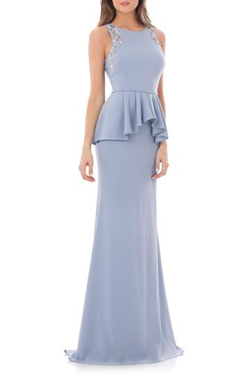 Women's Carmen Marc Valvo Infusion Embellished Peplum Waist Crepe Gown - Blue