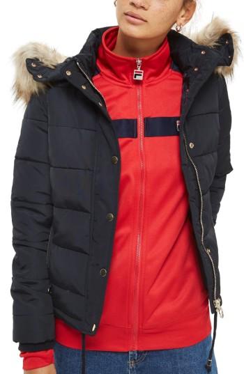 Women's Topshop Nancy Quilted Puffer Jacket With Faux Fur Trim Us (fits Like 0) - Blue