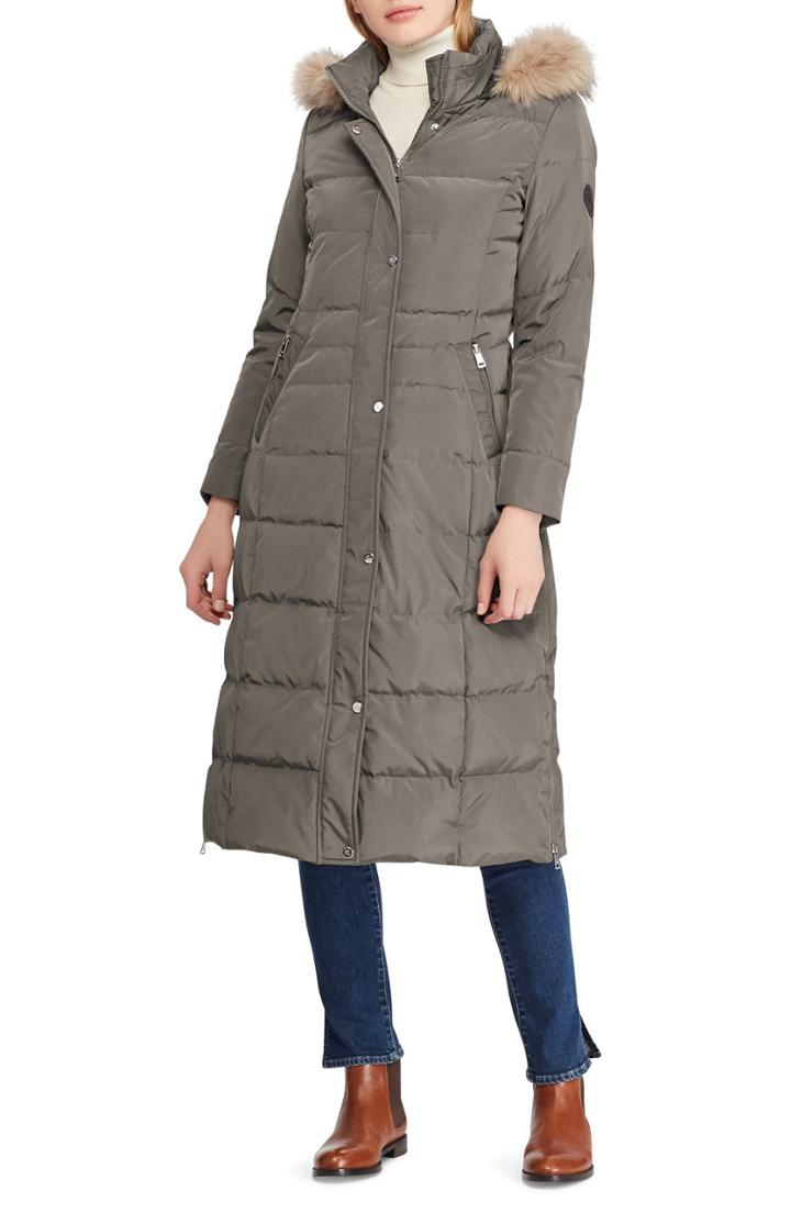 Women's Lauren Ralph Lauren Long Down Coat With Faux Fur Trim