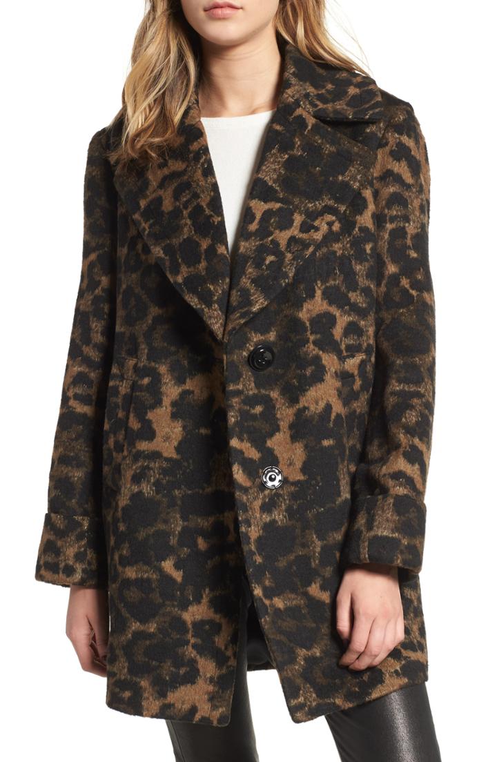 Women's Kensie Leopard Print Wool Coat - Brown