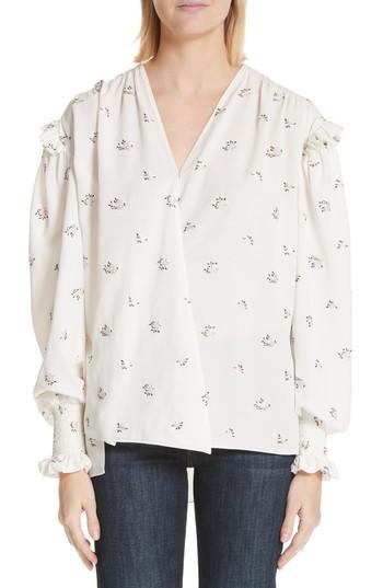 Women's Magda Butrym Embroidered Ruffle Trim Silk Blouse Us / 34 Fr - Ivory